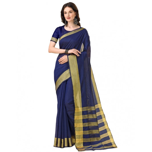 Roneclick Women's Cotton Silk Striped Saree With Unstitched Blouse 5.5Mtr (Dark Blue)