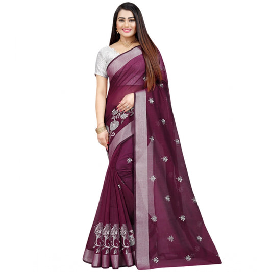 Roneclick Women's Cotton Silk Embroidered Saree With Unstitched Blouse 5.5Mtr (Purple)