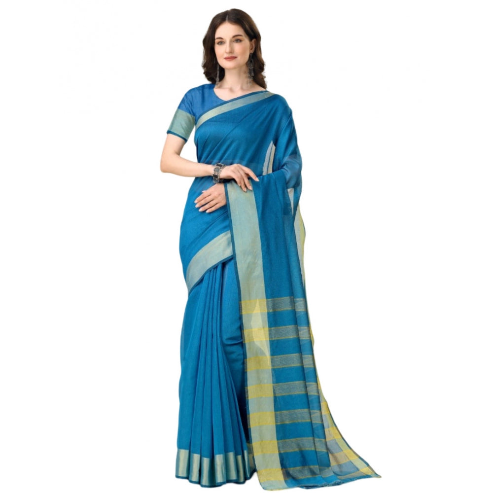 Roneclick Women's Cotton Silk Striped Saree With Unstitched Blouse 5.5Mtr (Light Blue)