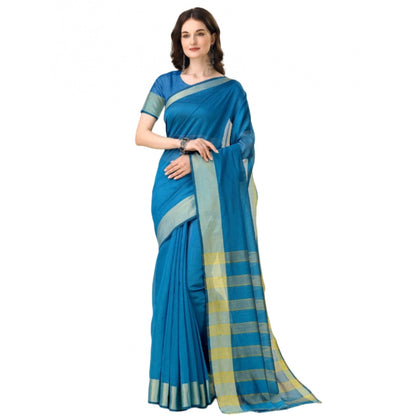 Roneclick Women's Cotton Silk Striped Saree With Unstitched Blouse 5.5Mtr (Light Blue)