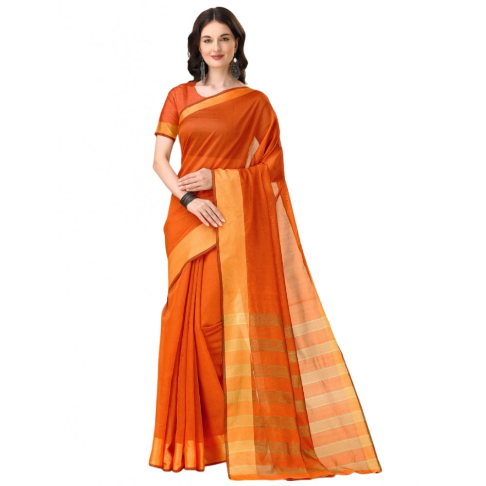 Roneclick Women's Cotton Silk Striped Saree With Unstitched Blouse 5.5Mtr (Orange)