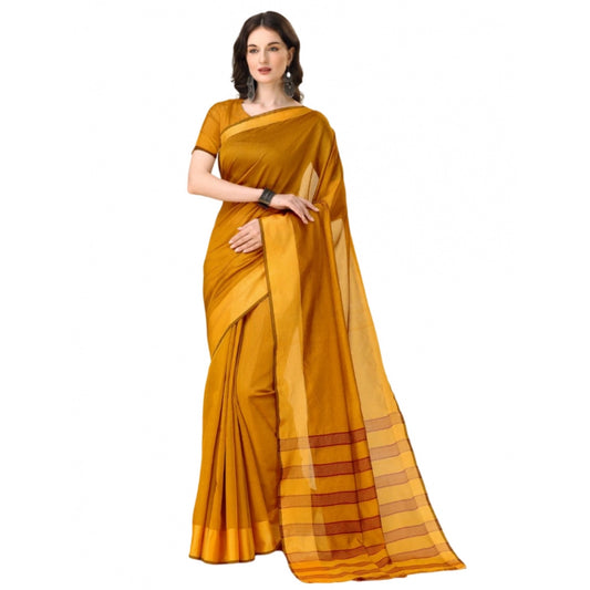 Roneclick Women's Cotton Silk Striped Saree With Unstitched Blouse 5.5Mtr (Mustard)