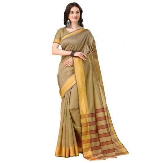 Roneclick Women's Cotton Silk Striped Saree With Unstitched Blouse 5.5Mtr (Cream)