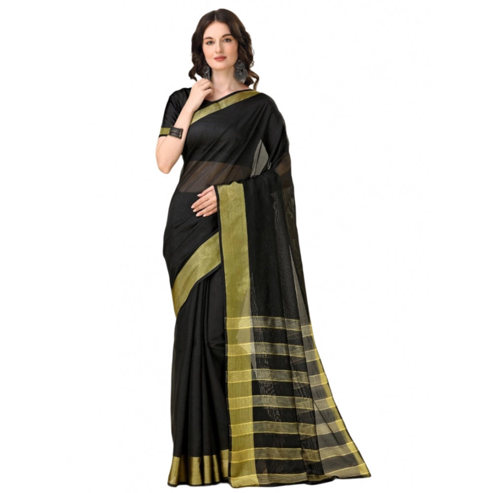 Roneclick Women's Cotton Silk Striped Saree With Unstitched Blouse 5.5Mtr (Black)