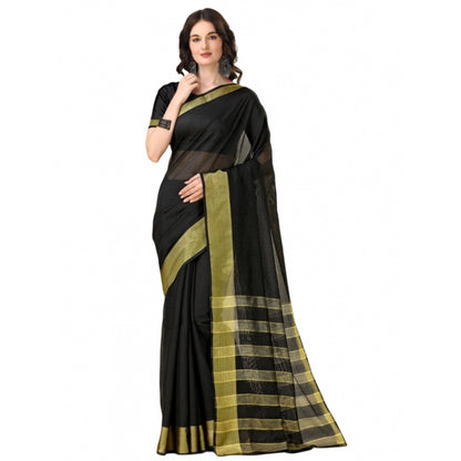 Roneclick Women's Cotton Silk Striped Saree With Unstitched Blouse 5.5Mtr (Black)