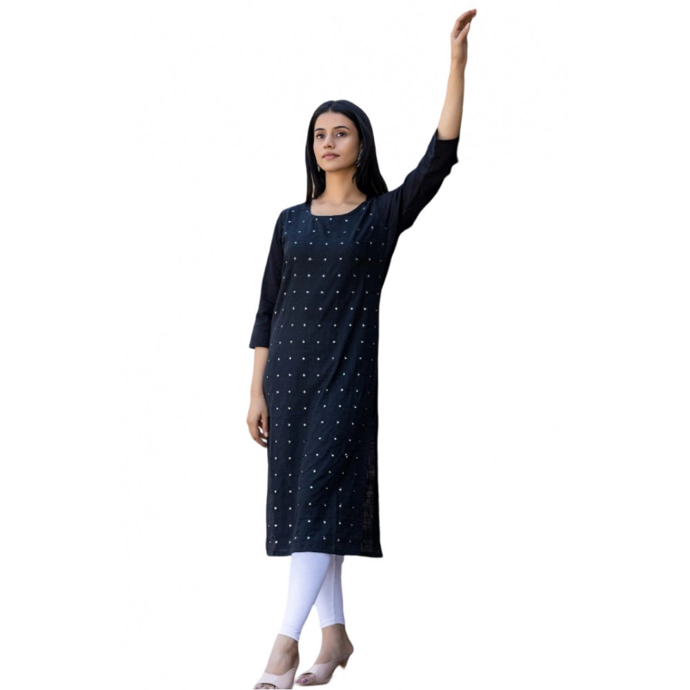 Roneclick Women's Cotton Solid 3/4 Sleeve Round Neck Kurti (Black)