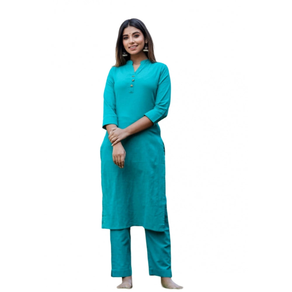 Roneclick Women's Cotton Solid 3/4 Sleeve Mandarin collar Kurti (Green)