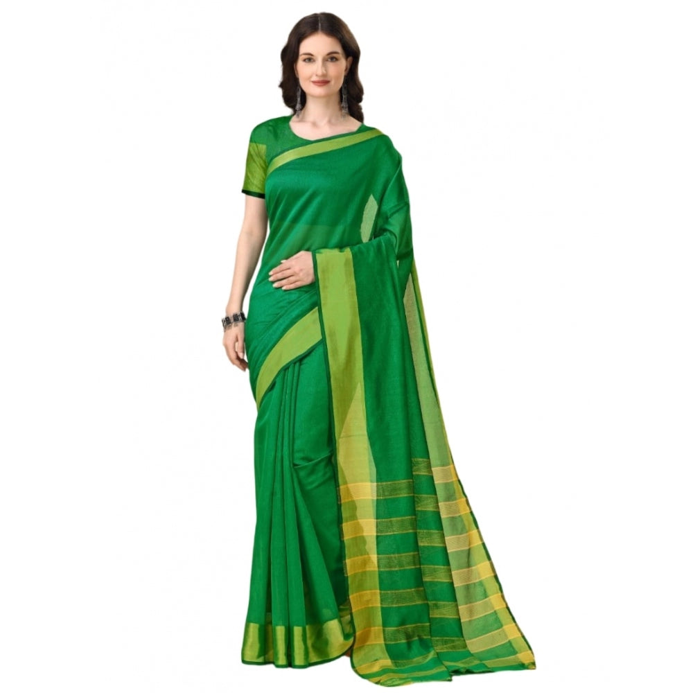 Roneclick Women's Cotton Silk Striped Saree With Unstitched Blouse 5.5Mtr (Green)