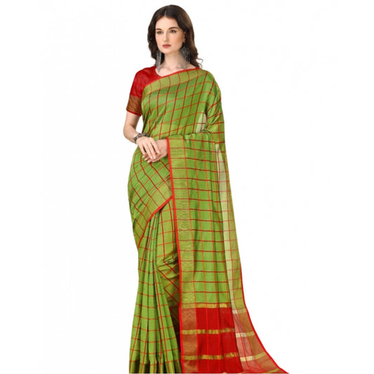 Roneclick Women's Cotton Silk Checkered Saree With Unstitched Blouse 5.5Mtr (Green)