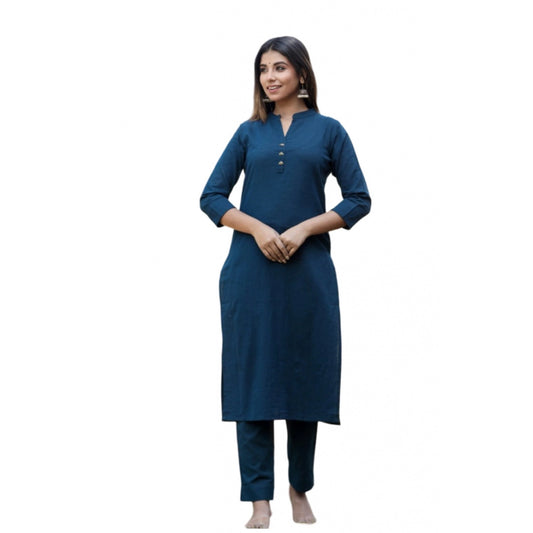 Roneclick Women's Cotton Solid 3/4 Sleeve Mandarin collar Kurti (Blue)