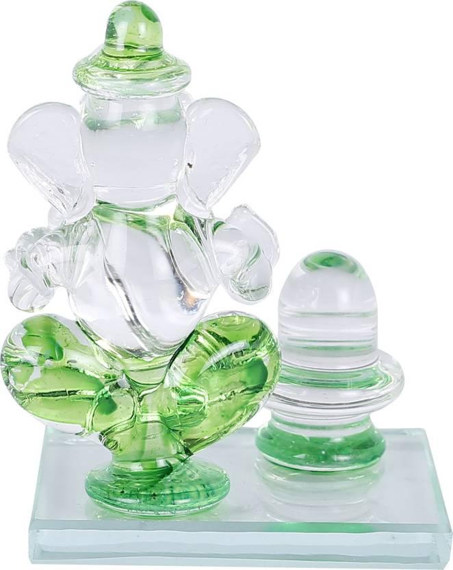 Crystal Ganesh Idol with Shivling Design Divine Car Dashboard Showpiece - 6.5 cm��(Crystal, Green)