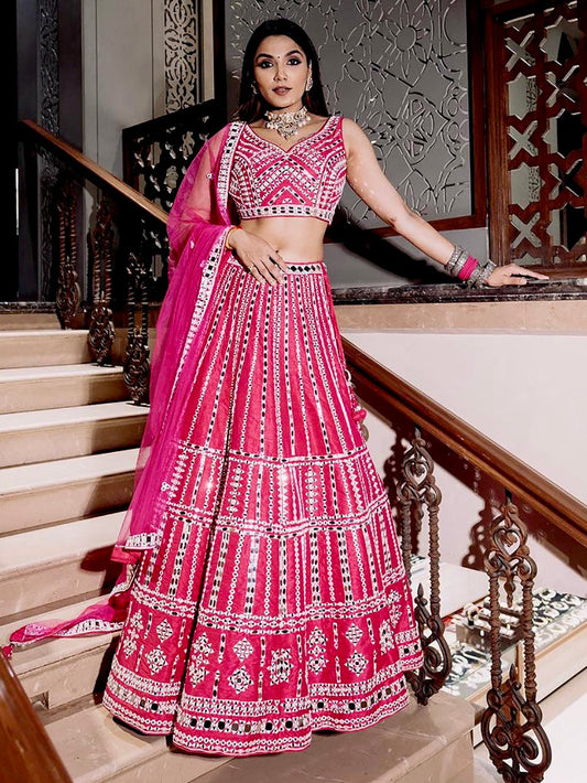 Elegant Thread & Mirror Work Silk Lehenga Set - Radiant Pink