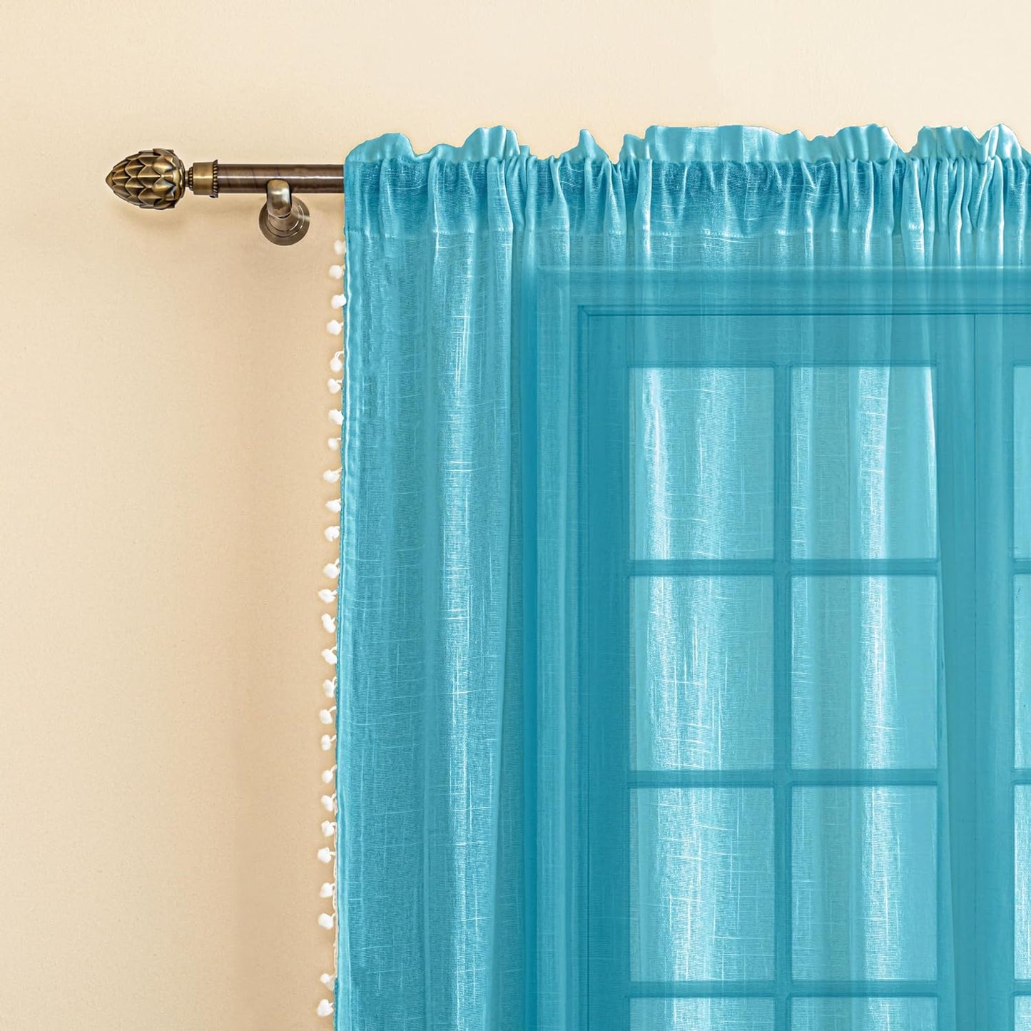 Seasons Sheer Door Curtains with Pompoms- 7 Feet, Blue