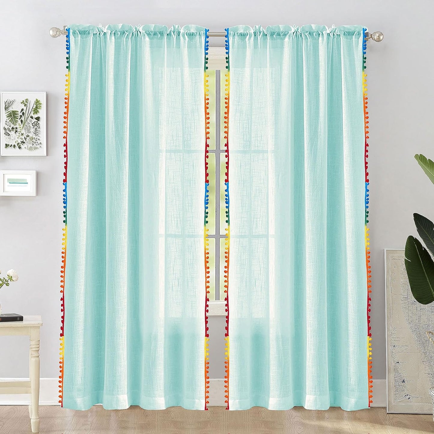 Seasons Cotton Sheer Door Curtains With Border Pompoms, Celeste