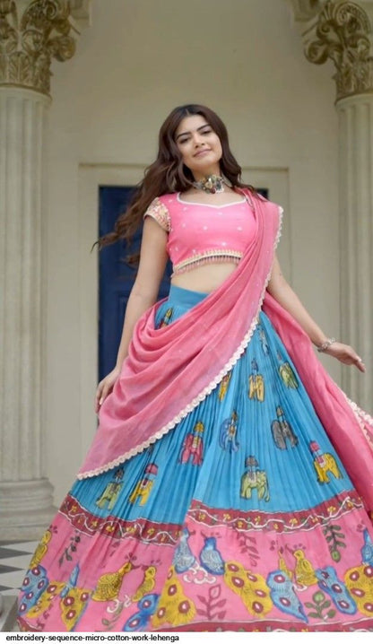 Kalamkari Lehenga Choli in Peach and Blue Combo – Embroidery Sequence Micro Cotton Work