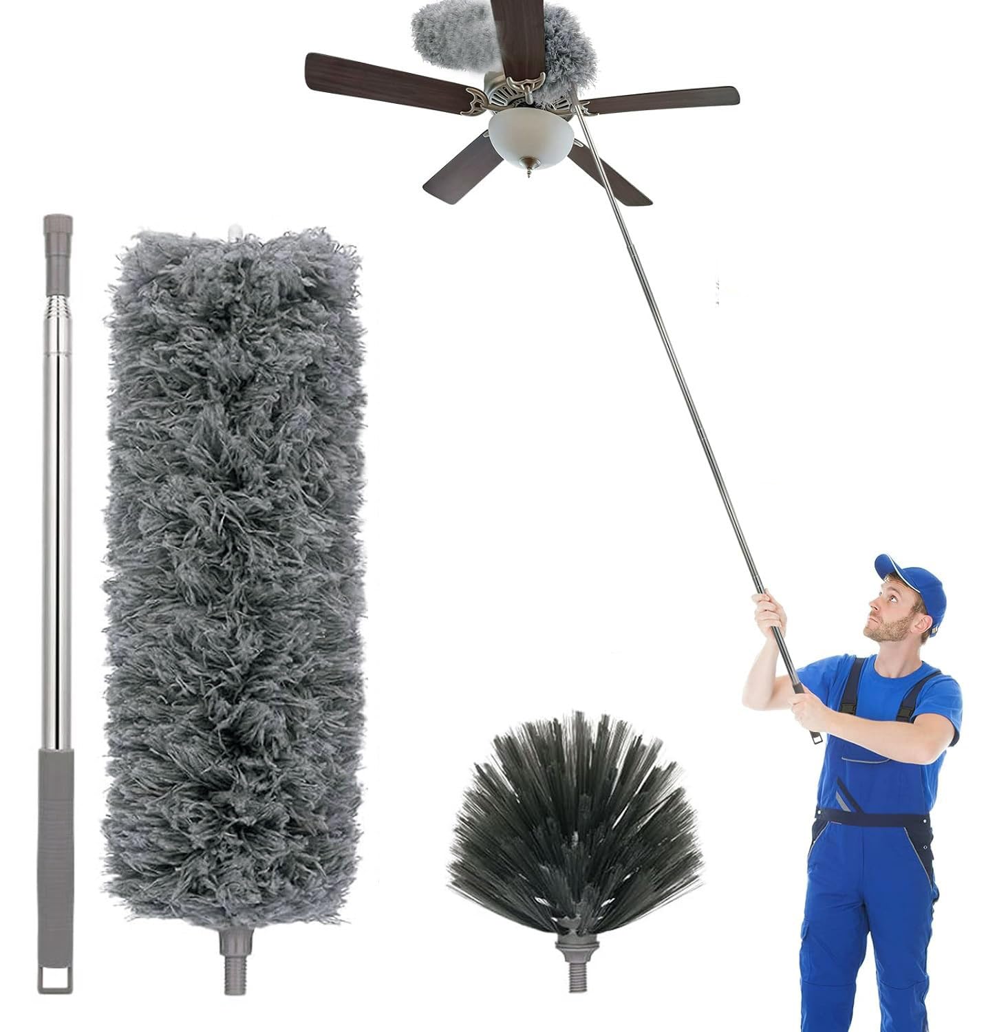 Seasons Upgraded 2 in 1 Microfiber Feather Ceiling Duster for Home Cleaning 100 inch Long Handle Bendable, Adjustable dust Cleaner Brush for High roof Cobweb Furniture Fan Mop Set, Grey