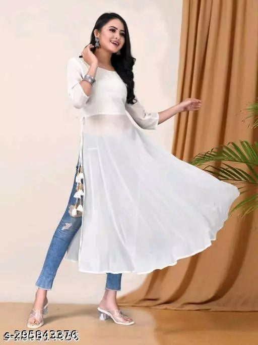 Classy White Women Georgette A-Line Kurti