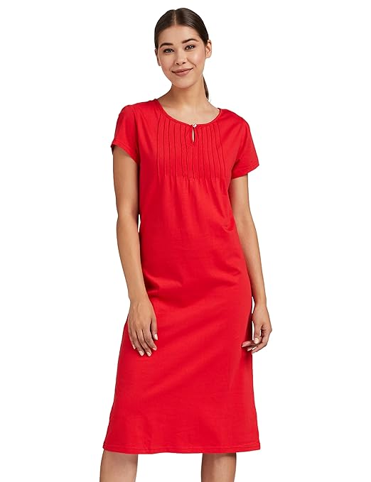 Red Women's Cotton Knee Length Night Gown