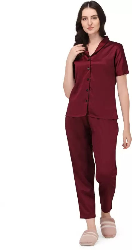 Women Maroon Solid Shirt & Pyjama set