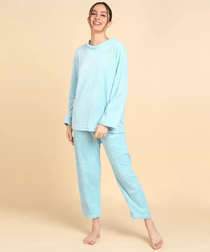 Women Blue Solid Shirt & Pyjama set