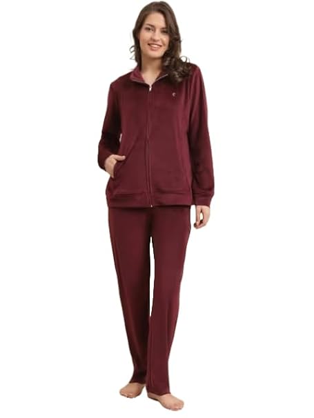 Maroon Women Solid Fleece Zipper Night Wear