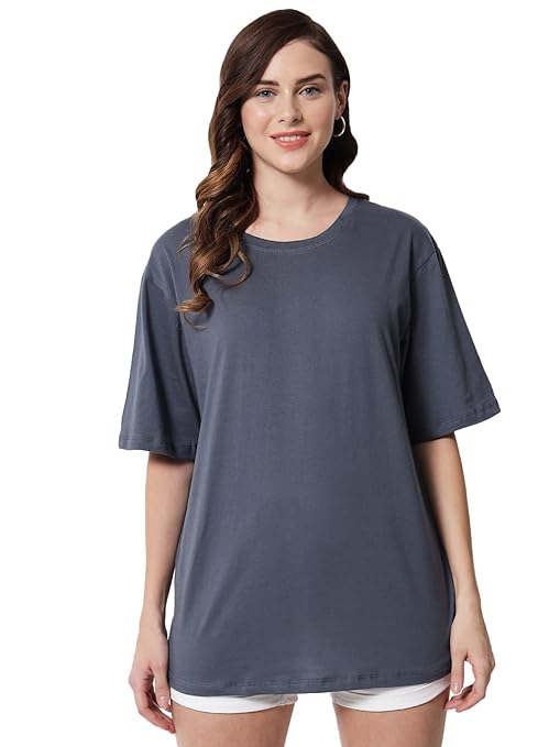 Grey Women's Casual Oversized Round Neck Tshirt