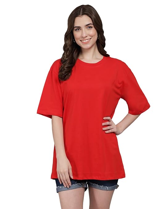 Red Casual Oversized Round Neck Tshirt