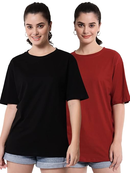 Multi Women Cotton Half Sleeve Oversized T-Shirts Pack 2