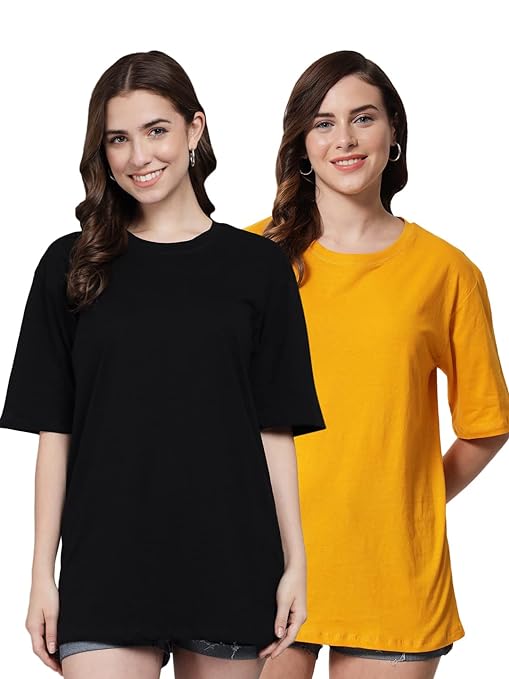 Multi Set 2 Women Cotton Half Sleeve Oversized T-Shirts