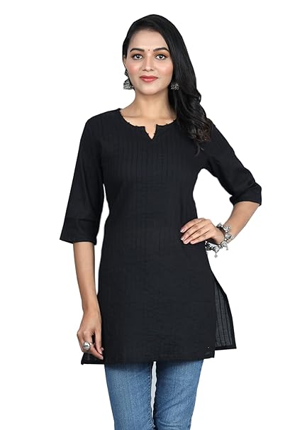 Black Women Cotton V-Neck Short Kurtis