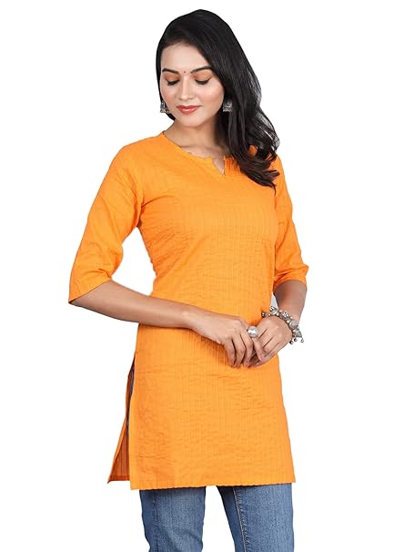 Orange Women Cotton V-Neck Short Kurtis