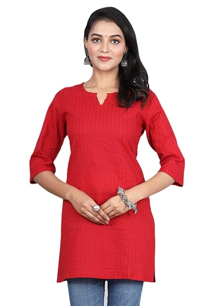 Red Women Cotton V-Neck Short Kurtis