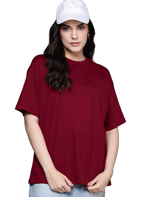 Women Oversized Half Sleeve Maroon Tshirt