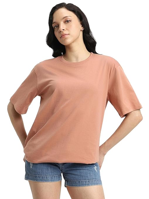 Pure Cotton Women Half Sleeve Beige T-Shirt