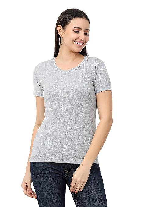 Women Cotton Plain Grey T-Shirt