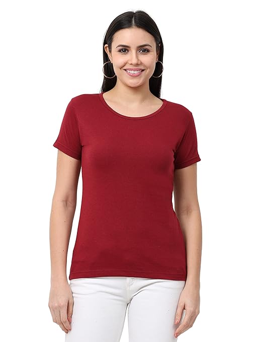 Women Cotton Plain Maroon T-Shirt