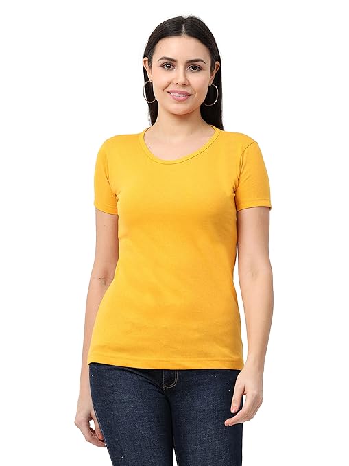 Women Cotton Plain Mustard Yellow T-Shirt