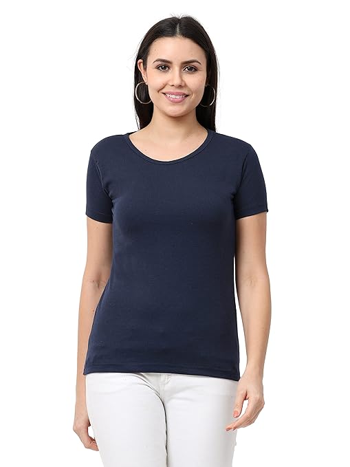 Women Cotton Plain Navy Blue T-Shirt