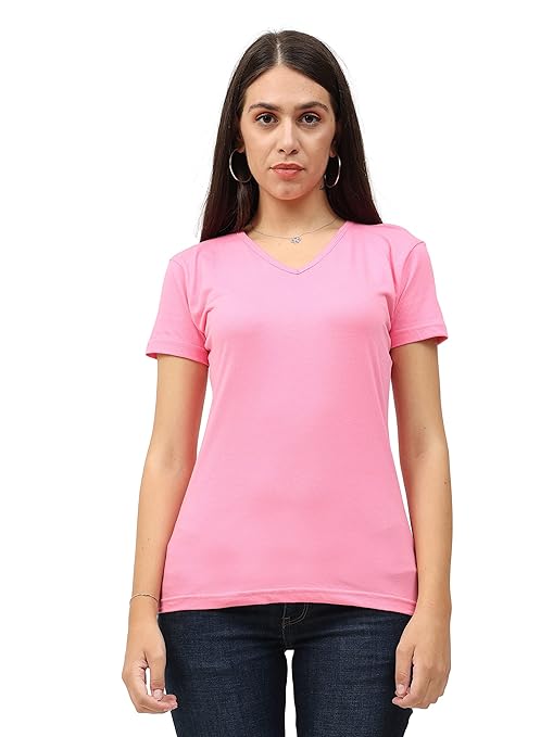 Women Plain V Neck Light Pink T-Shirt