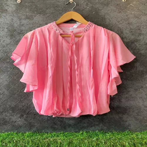 Pink Mirror Embroidery Knot Collar Balloon Top