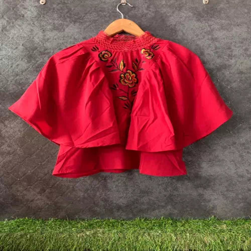 Red Neck Elastic Lace Fully Frill Embroidery Short Top