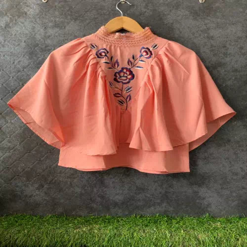 Coral Neck Elastic Lace Fully Frill Embroidery Short Top