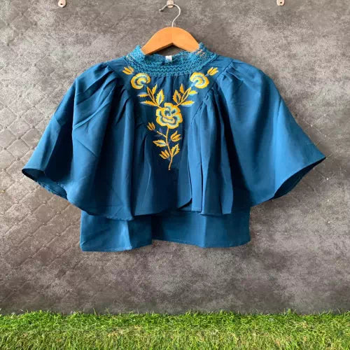 Blue Neck Elastic Lace Fully Frill Embroidery Short Top