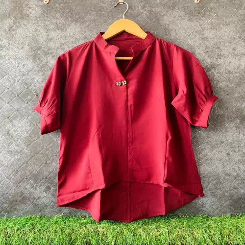 Casual Maroon Pleated Half Sleeve 2 Button Up Down Top